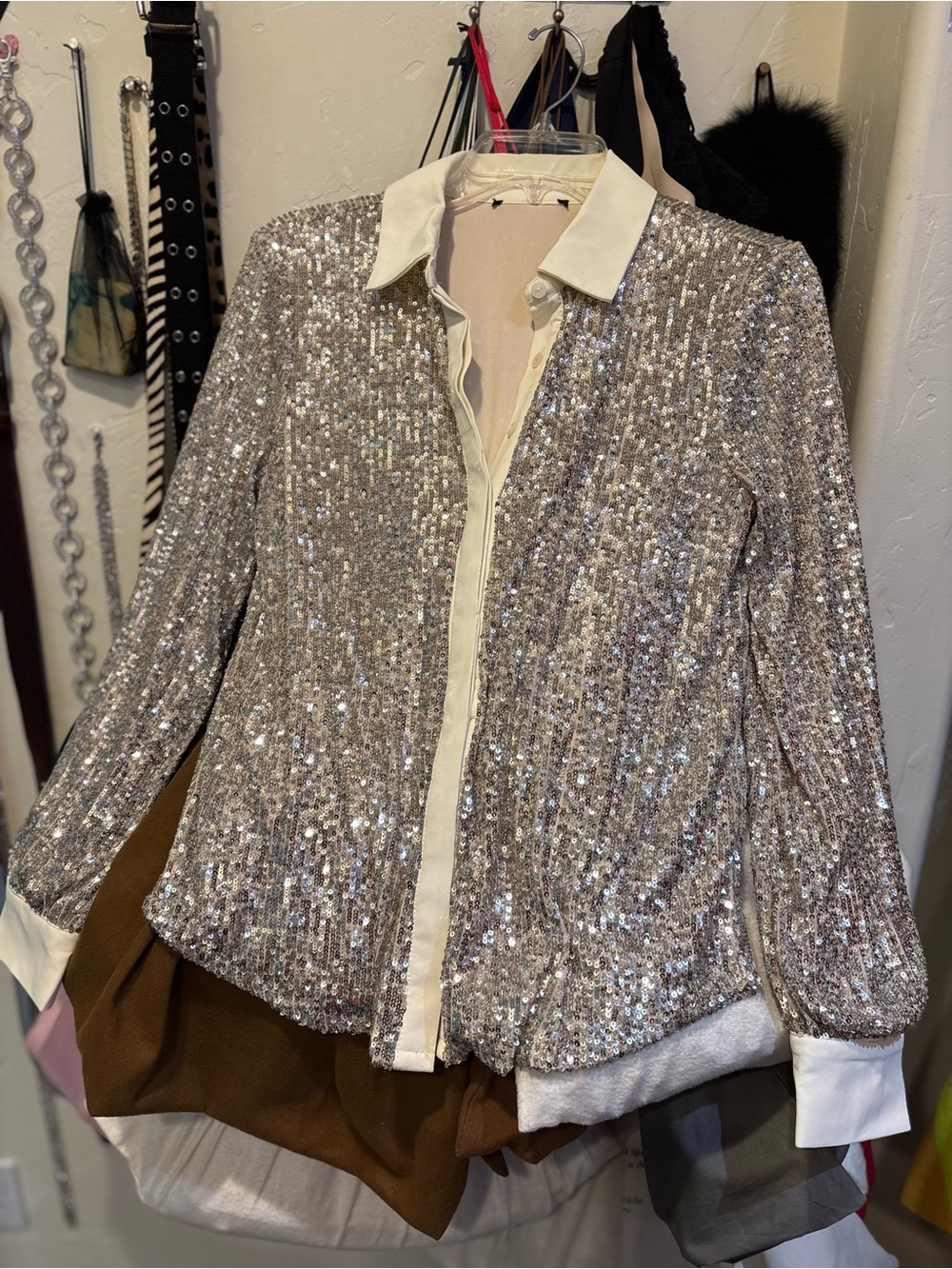 Sequin Button-Front Shirt - Silver